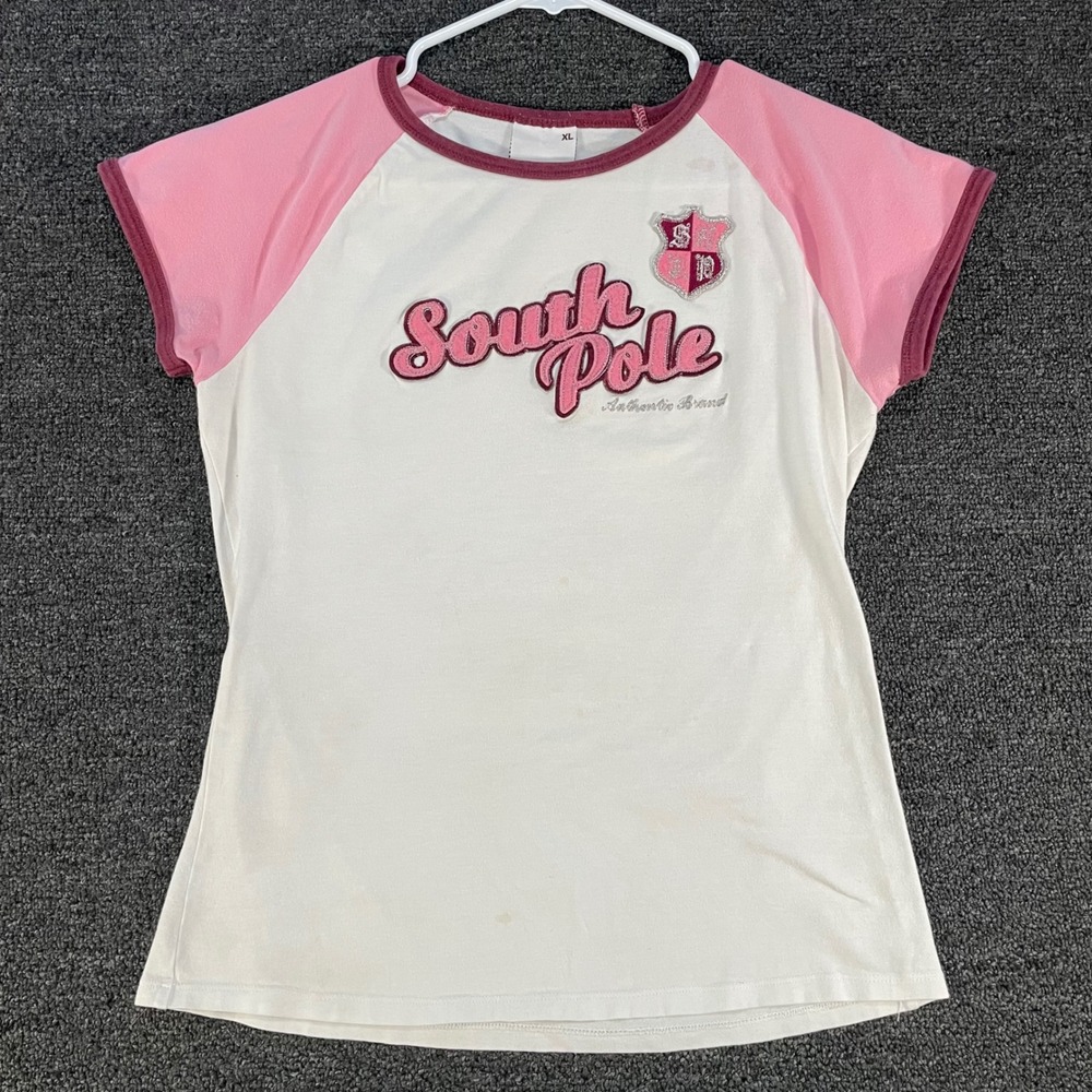 Southpole Raglan T-Shirt Womens XL White Pink Good Y2K Embroidered Crest Tee